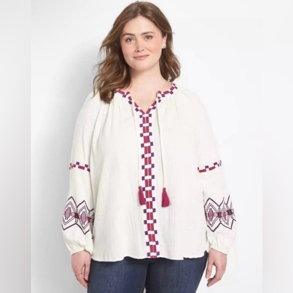 Lane Bryant Classic Split-Neck Embroidered Peasant Blouse Size 20 - Picture 2 of 12